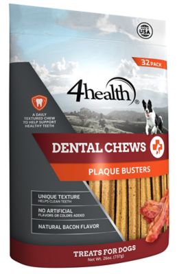 4health Plaque Buster Bacon Flavor Dog Dental Chews, 32 ct. I bought these because she loves bacon, and after one bag her teeth are very noticeable cleaner