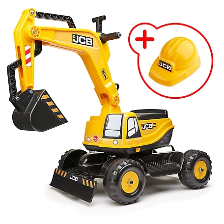 Falk JCB Wheeled Excavator Ride-On Toy with Opening Seat and Helmet, For 3+ Years