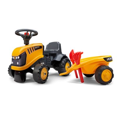 Falk JCB Push-Along Ride-On Tractor with Trailer, Rake and Shovel and Stickers, Ages 1.5-3