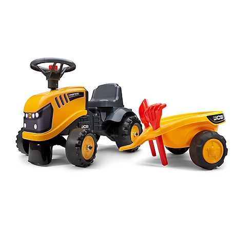 Falk JCB Push-Along Ride-On Tractor with Trailer, Rake and Shovel, 2 stickers Set, for Ages 1.5-3 Years, FA215C