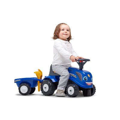 Image showing 5 th Falk New Holland Tractor Ride-On and Push-Along Toy with Trailer, Ages 1.5-3