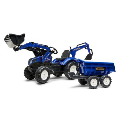 Falk New Holland T8 Pedal Backhoe Loader Ride-On Toy with Maxi Tilt Trailer, for Ages +3-7, FA3090W