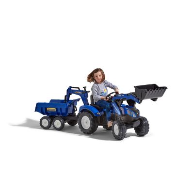 Image showing  New Holland T8 Pedal Backhoe Loader Ride-On Toy with Maxi Tilt Trailer, for Ages +3-7, FA3090W