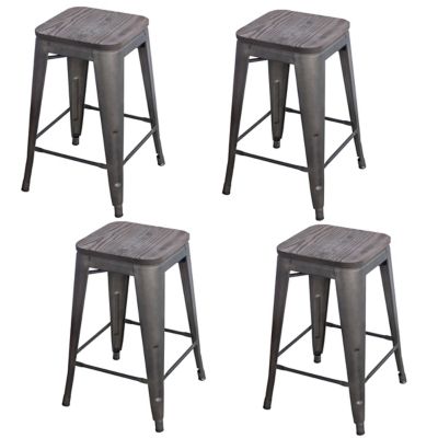 AmeriHome Rustic 24 in. Metal Bar Stools with Wood Seat, Gunmetal, 4 pc.