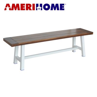 AmeriHome 63 in. Indoor/Outdoor Bench with Acacia Top and Metal Base, White