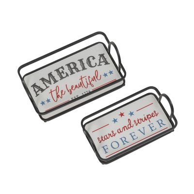 Gerson International Assorted Metal and Engraved Wood Americana Decorative Tray Set, 2 pc.
