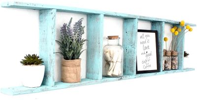 Image showing  Rustic Farmhouse Wooden Decorative Display Blanket Ladder, Turquoise