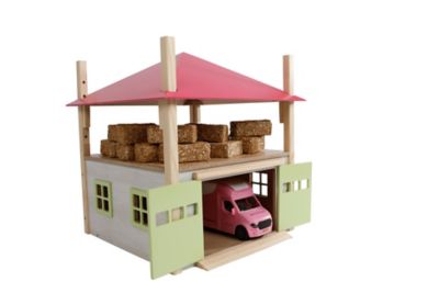 Kids Globe Wooden Hay Barn Toy with Loft and Adjustable Roof, White/Pink, 1:32 Scale, KG610085