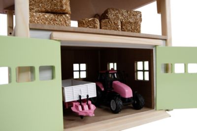 Image showing 3 th Kids Globe Wooden Hay Barn Toy with Loft and Adjustable Roof, White/Pink, 1/32 Scale, KG610085