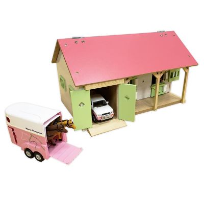 Kids Globe Wooden Horse Stable Toy with 2 Stalls and Storage Space, Pink/White/Light Green, 1:32 Scale