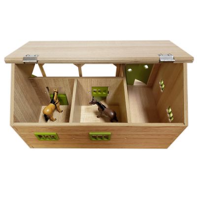 Image showing  1:32 Scale Wooden Horse Stable Toy with 2 Boxes and Storage Space, Light Brown