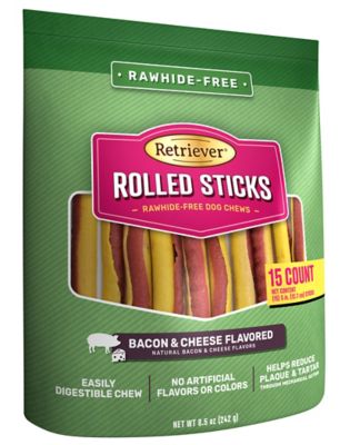 Retriever Rolled Sticks Bacon and Cheese Flavor Rawhide-Free Dog Chew Treats, 15 ct.