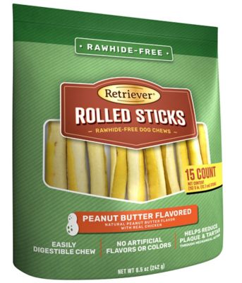 Retriever Rolled Sticks Peanut Butter Flavor Rawhide-Free Dog Chew Treats, 15 ct. Price pending
