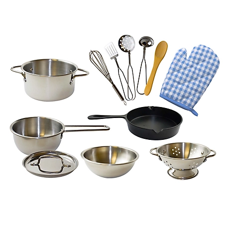 Salus PopOhVer 12 pc. Deluxe Pots and Pans Pretend Playset, Stainless Steel