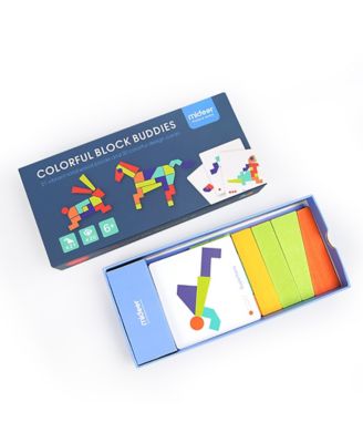 Image showing  Kids' Wooden Geometric Imagination Puzzle Educational Learning Game, 21 Wood Blocks and 20 Pattern Cards