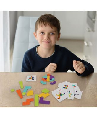 Image showing  Kids' Wooden Geometric Imagination Puzzle Educational Learning Game, 21 Wood Blocks and 20 Pattern Cards