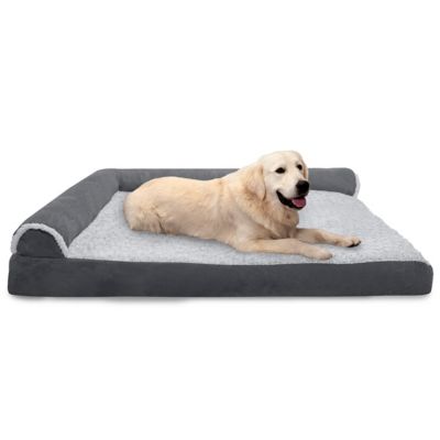 FurHaven Two-Tone Faux Fur and Suede Memory Foam Deluxe Chaise Lounge Dog Bed Deluxe Chaise Lounge Dog Bed-Gray