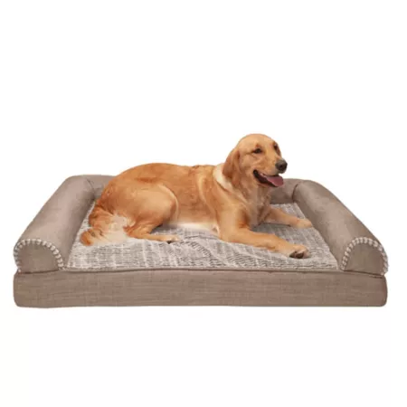 FurHaven Luxe Fur and Performance Linen Cooling Gel Foam Dog Sofa Bed Bolster Dog Beds