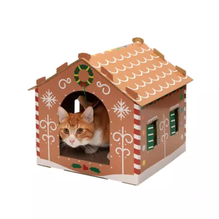 FurHaven Decorated Gingerbread Cat House with Bonus Busy Box Cat Scratchers