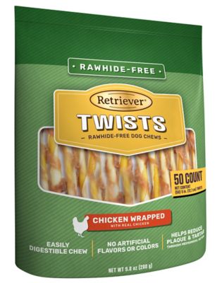Retriever Twists Chicken-Wrapped Rawhide-Free Dog Chew Treats, 50 ct. My dogs liked these dental chews, but the wrapped chicken comes off mostly in the bag