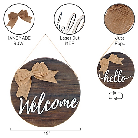 Slice of Akron Welcome/Hello Reversible Wood Wall Decor with Brown Burlap Bow, 12 in. x 12 in.