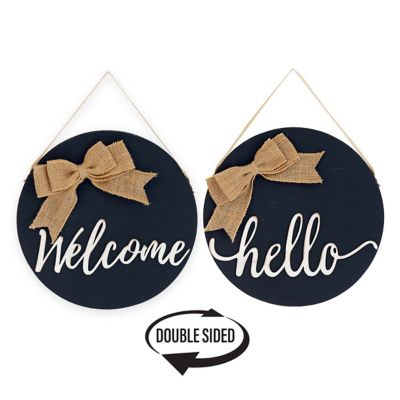 Slice of Akron Welcome Hello Reversible Wood Wall Decor with Burlap Bow, 12 in. x 12 in.