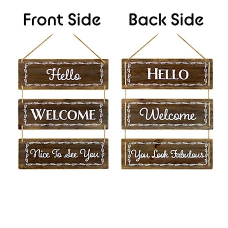 Slice of Akron 3-Panel Reversible Hanging Wood Wall Sign Decor, 11.75 in. x 14.4 in., Hello, Brown