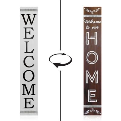 Slice of Akron Welcome/Welcome to Our Home Reversible Porch Sign, 60 in., Black/White