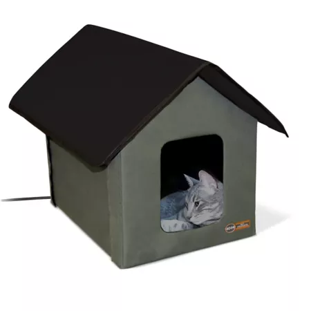 K&H Pet Products Polyester Heated Cat House Indoor/Outdoor Olive/Black 19 x 22 x 17 in. Outdoor Cat Houses