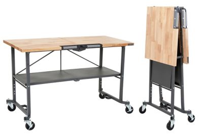 COSCO 2 in. x 25.5 in. Butcher Block Smartfold Steel Frame Workbench/Folding Utility Table with Casters, 700 lb. Capacity