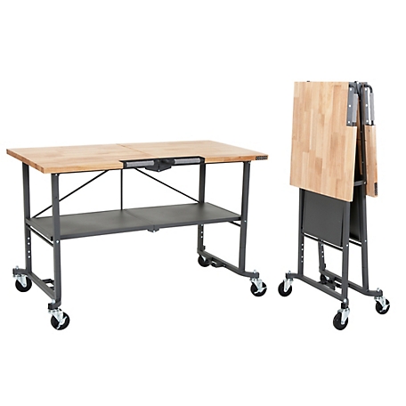 COSCO 2 in. x 25.5 in. Butcher Block Smartfold Steel Frame Workbench/Folding Utility Table with Casters, 700 lb. Capacity