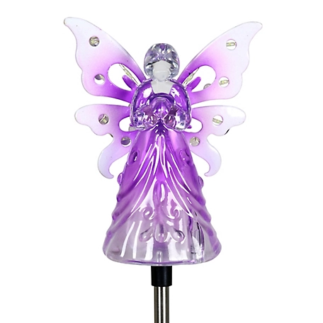 Exhart Solar Acrylic Angel with Wings and Twelve LED Lights on Metal Garden Stake, Purple, 14157-RS