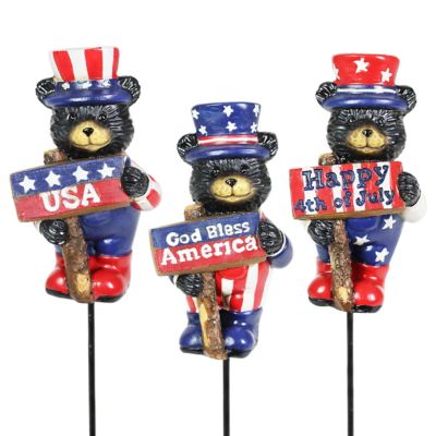 Exhart Assorted Patriotic Bears with Inspirational Signs Pot Garden Stakes, 3 pk., 50062-RS