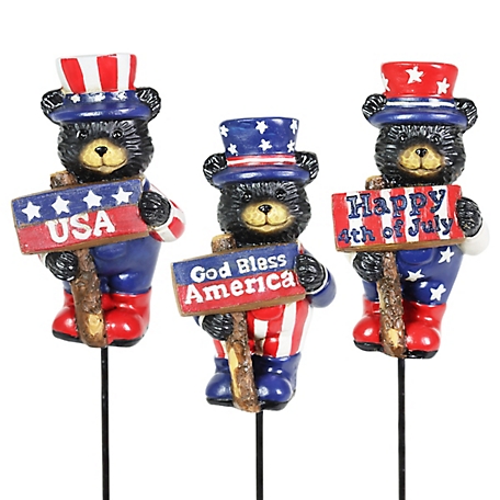 Exhart Assorted Patriotic Bears with Inspirational Signs Pot Garden Stakes, 3 pk., 50062-RS