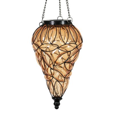 Exhart Solar Tear-Shaped Glass and Metal Hanging Lantern with 15 LED Fairy Firefly String Lights, Amber, 13174-RS
