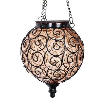 Exhart Solar Round Glass and Metal Hanging Lantern with 15 LED Fairy Firefly String Lights, Amber, 13170-RS