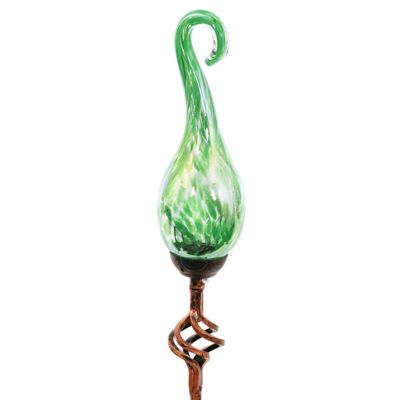 Exhart Solar Hand Blown Pearlized Glass Spiral Flame GardStake with Metal Finial Detail, Green, 14176-RS