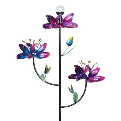Exhart Triple Kinetic Flower Wind Spinner Garden Stake with Solar Color-Changing Crackle Glass Ball, 14362-RS