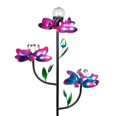 Exhart 70 in. Triple Kinetic Flower Wind Spinner Garden Stake with Solar Color-Changing Crackle Glass Ball
