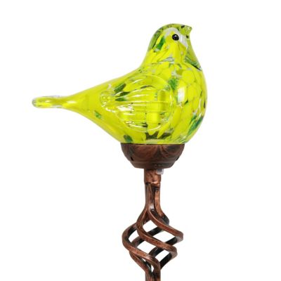 Exhart Solar Pearlized Hand Blown Glass Bird Garden Stake, Yellow, 14392-RS