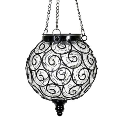 Exhart Solar Round Glass and Metal Hanging Lantern with 15 LED Fairy Firefly String Lights, Clear, 13169-RS