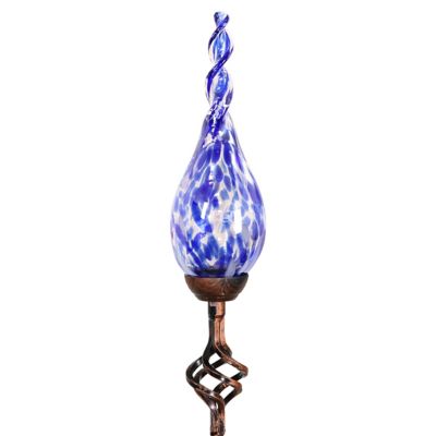 Exhart Solar Pearlized Hand Blown Glass Twisted Flame Garden Stake with Metal Finial Detail, Blue, 14169-RS