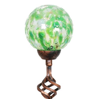 Exhart 31 in. Solar Pearlized Honeycomb Glass Ball Garden Stake with Metal Finial, Green