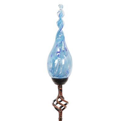 Exhart 36 in. Solar Pearlized Hand-Blown Glass Twisted Flame Garden Stake with Metal Finial Detail, Light Blue