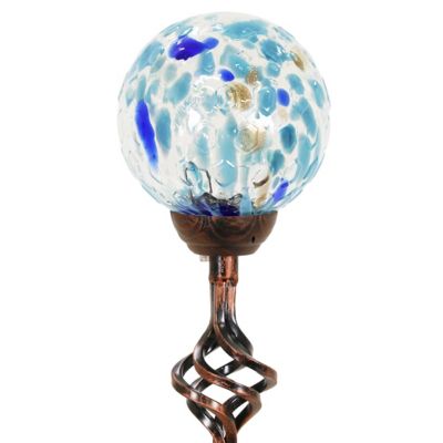 Exhart 31 in. Solar Pearlized Honeycomb Glass Ball Garden Stake with Metal Finial, Blue