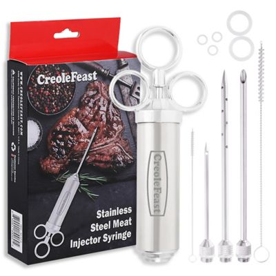 Creole Feast Stainless Steel Meat Injector Syringe Kit, for Grill, Smoker, Turkey, 2 oz. Cap Injection Barrel 3 Needles, IS1001