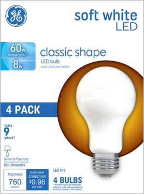 GE 60W Equivalent/760 Lumen Soft LED Frosted General Purpose A19 Light Bulbs, 4-Pack