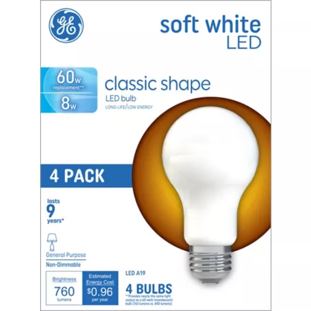 GE General Purpose A19 LED Soft Light Bulbs 60 Watt Equivalent 760 Lumens Frosted 2700K 4 Pack LED Light Bulbs