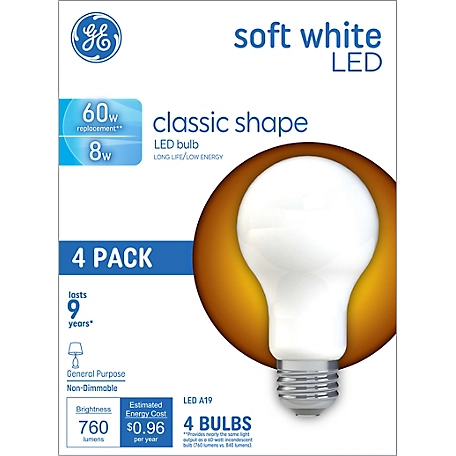 GE 60W Equivalent/760 Lumen Soft LED Frosted General Purpose A19 Light Bulbs, 4-Pack