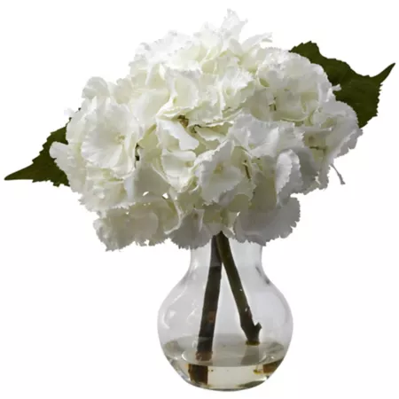 Nearly Natural 13 in Faux Hydrangeas in Bloom with Vase Arrangement Artificial Plants & Flowers